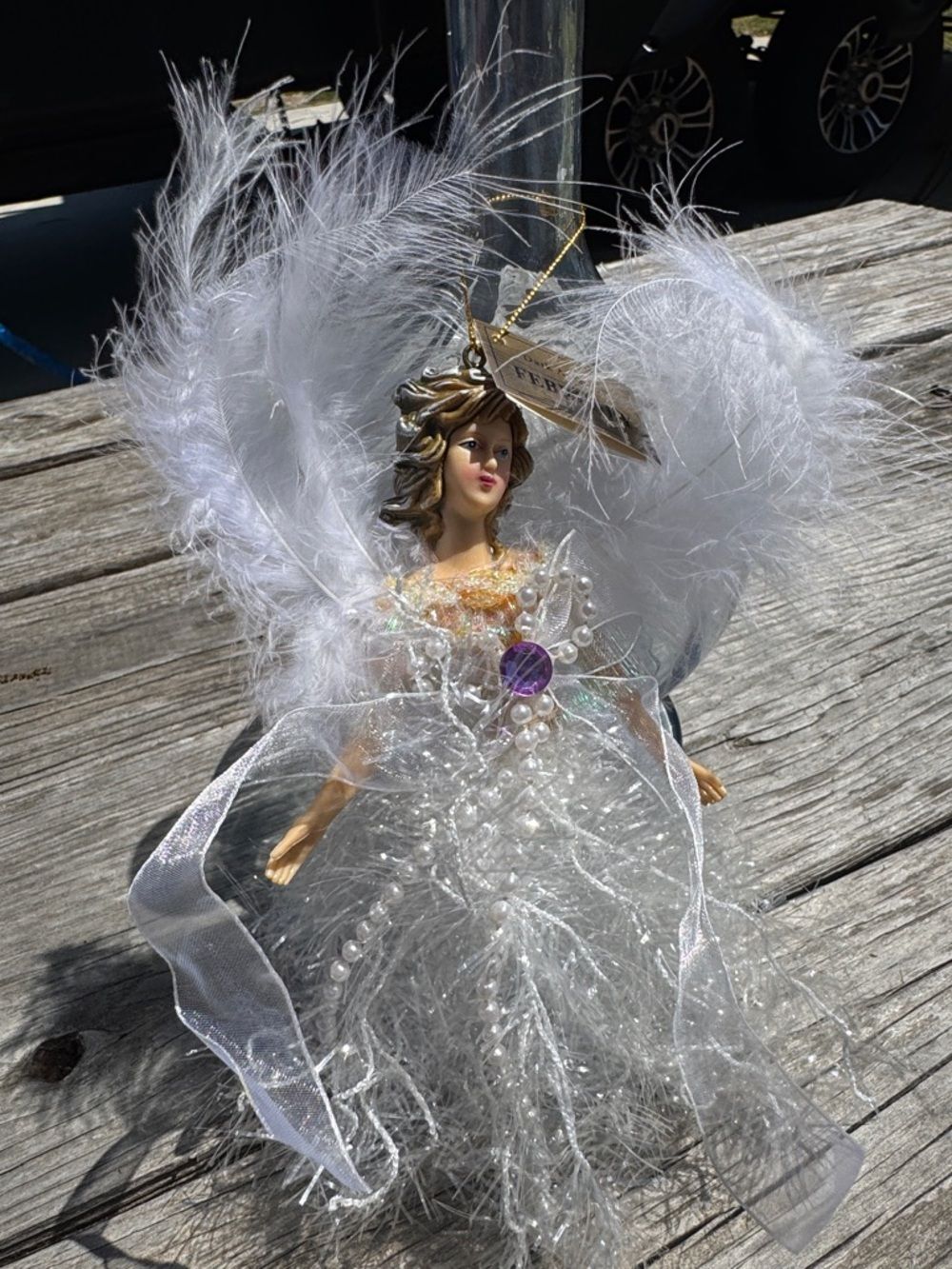 White Feather Angel Ornament with Pearls and Purple Jewel February